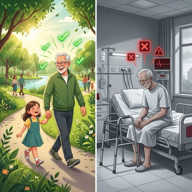 Se agir: idoso ativo no parque com a família. Se não agir: idoso sozinho no hospital.